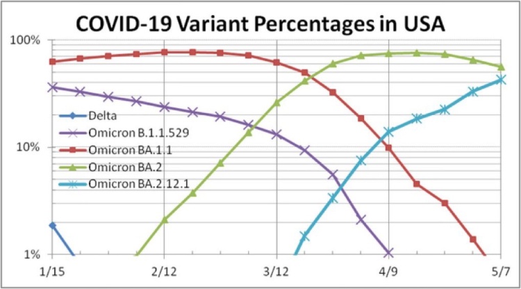 The sub sub variant BA2.12.1 continues to spread - now 42.6% of all variants, and about to overtake its parental #BA2 ancestor lineage. Eric Feigl-Ding via Christina pagel