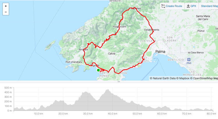 Andratx, Galielea, Puigponent, Esporles, Establiments loop returning via the old Palma ring road
