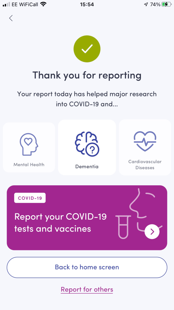 Zoe app response screen, with links to other Zoe health information and projects