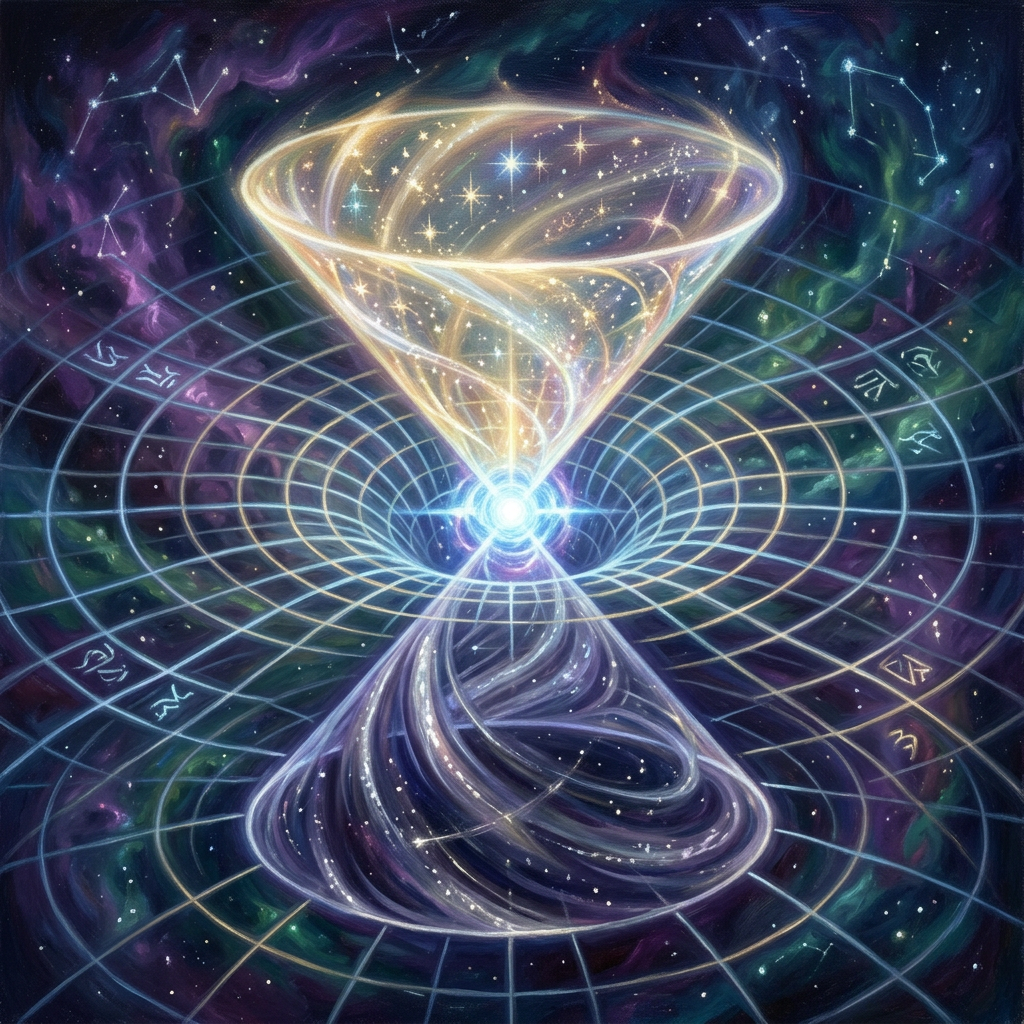 An artistic depiction of a cosmic vortex linking time and space with stars and grids.