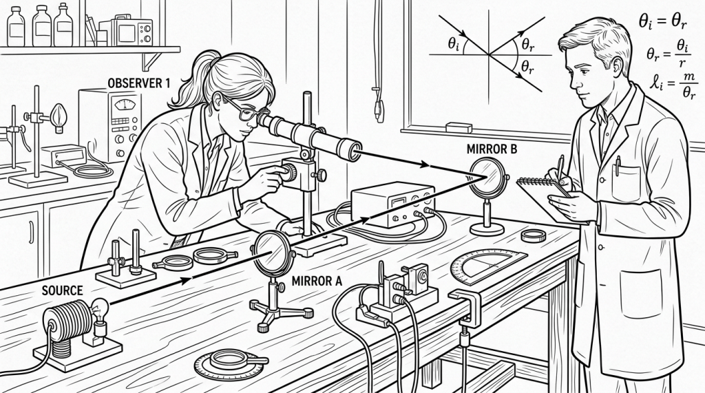 Two scientists performing a light reflection experiment with mirrors, source, and measuring devices