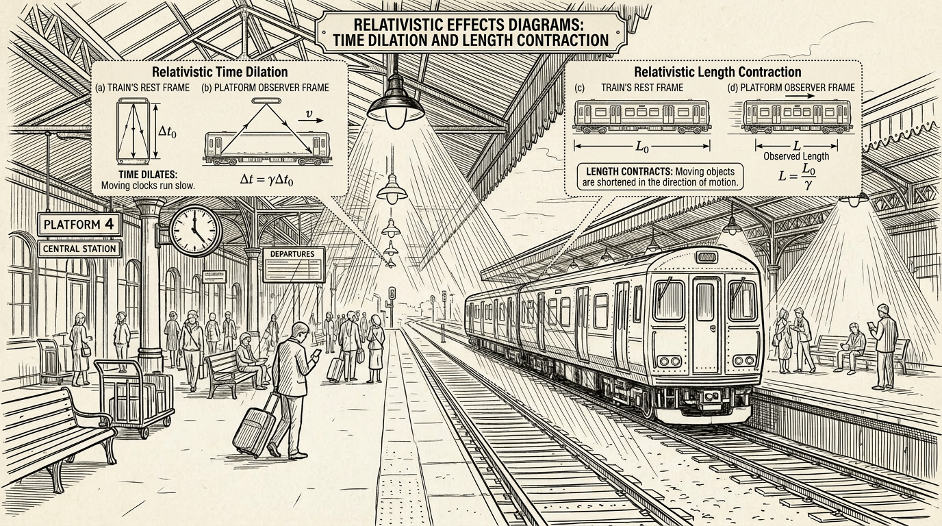 Diagram of train at platform demonstrating relativistic time dilation and length contraction