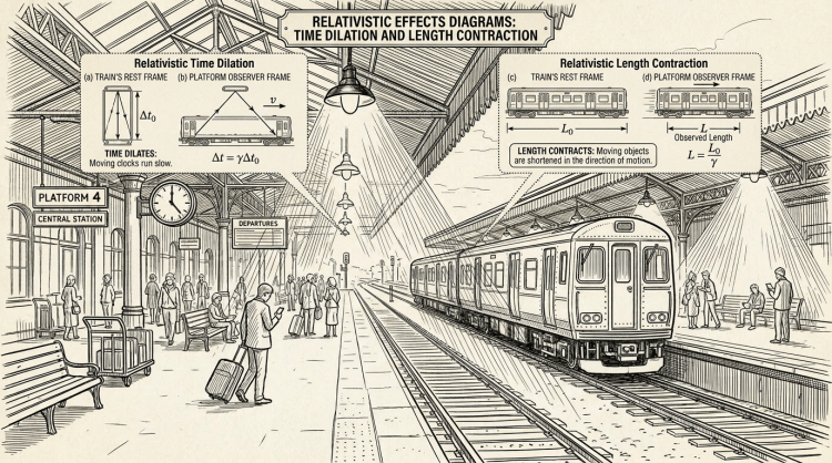Diagram of train passing a platform demonstrating relativistic time dilation and length contraction