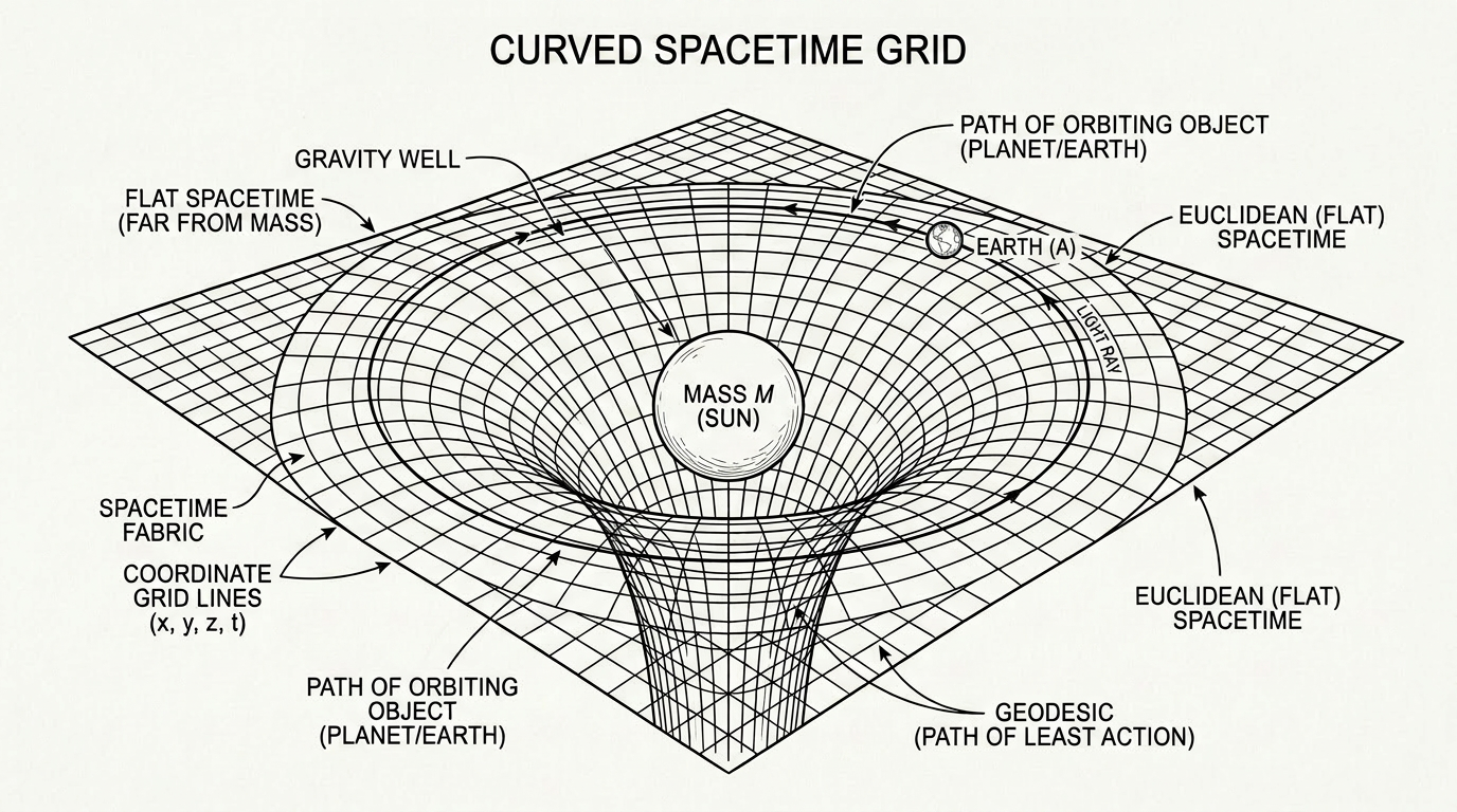 Curved spacetime grid, with the Sun and orbiting Earth.