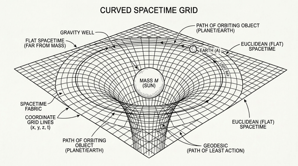 Curved Spacetime Grid Curved spacetime grid, with the Sun and orbiting Earth.