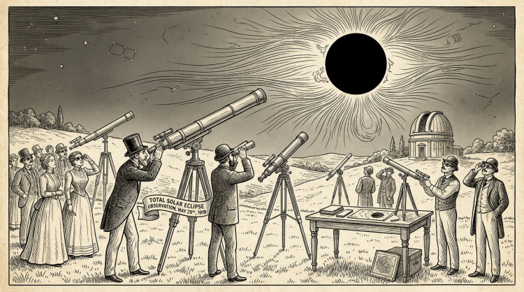 Artist's impression of scientists and spectators observing the total solar eclipse of May 29th 1919 using telescopes.