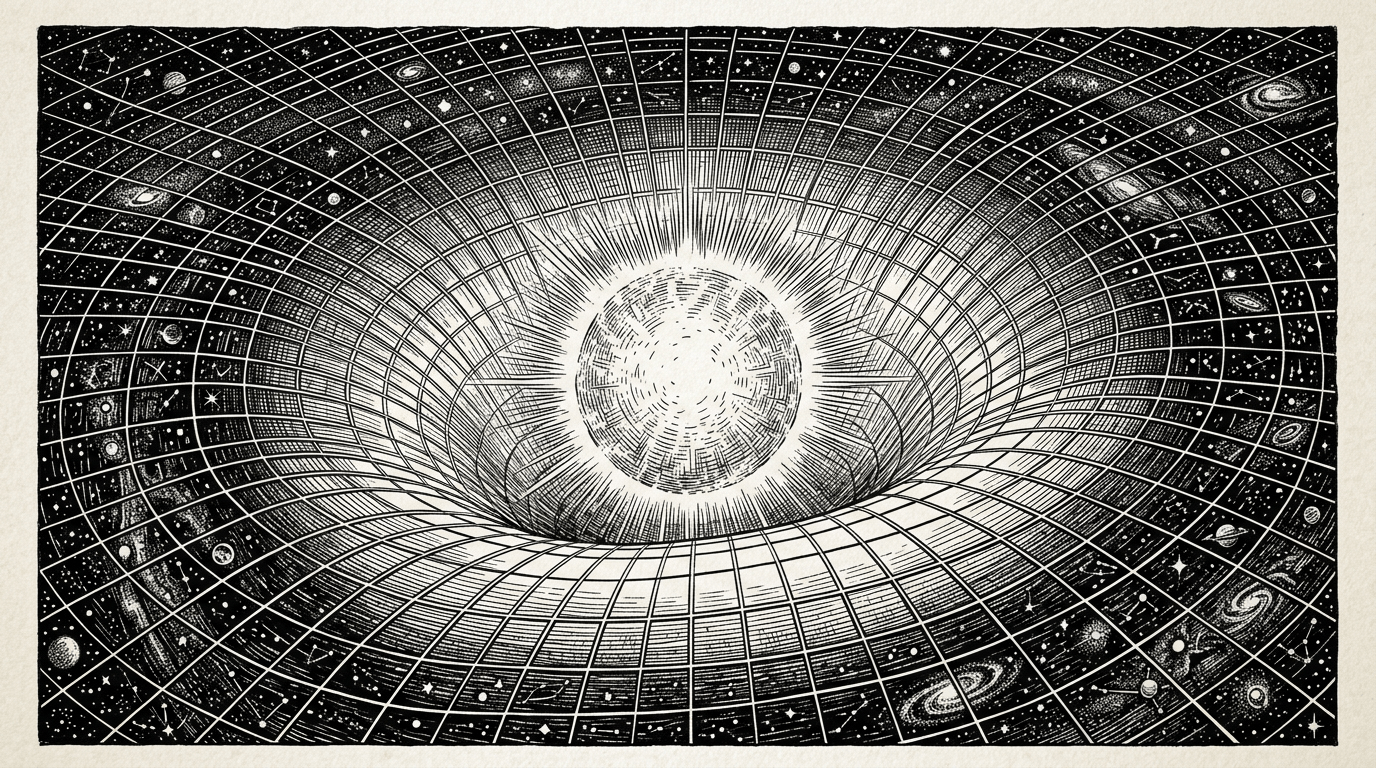 Artistic drawing showing a spherical object bending a grid representing space-time with stars and galaxies surrounding it